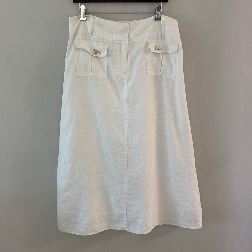 Ecologie Womens White‎ 100% Linen Midi Skirt Gold Hardware Size 12 Cargo Pockets